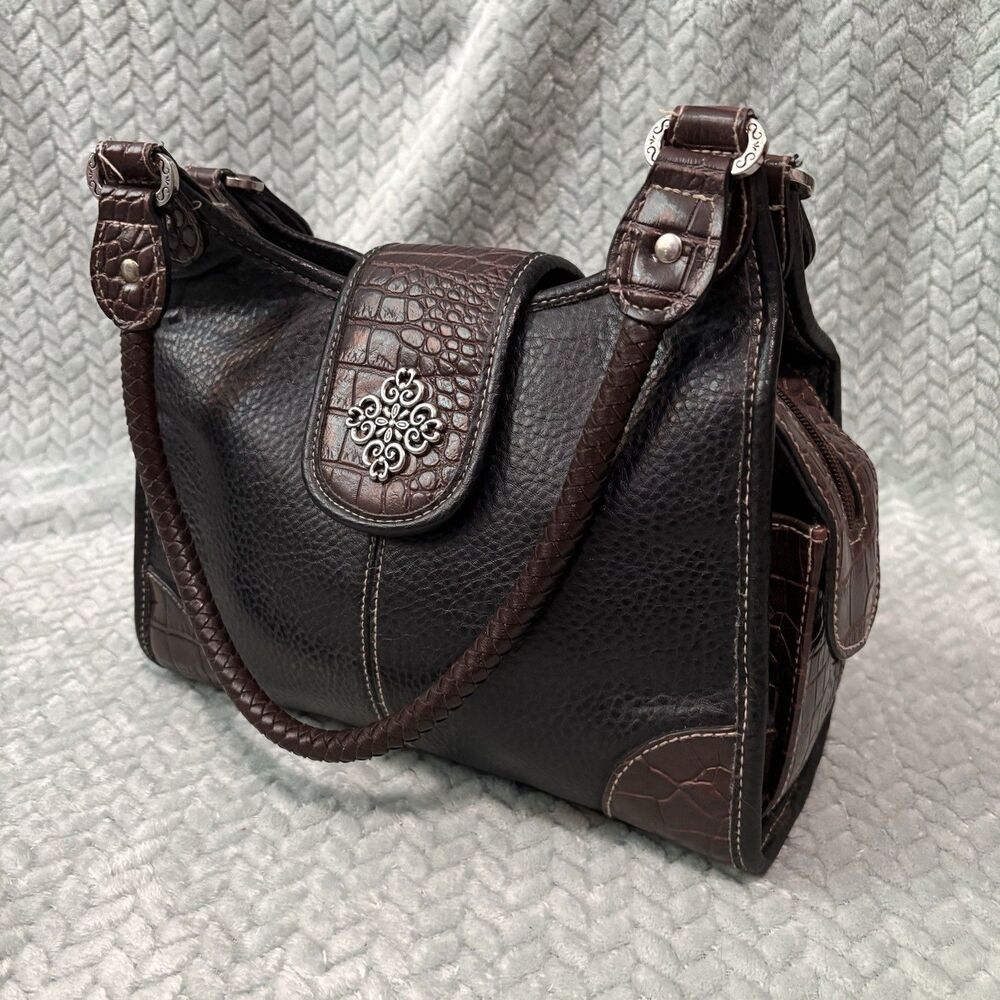 Brighton Black Pebbled Leather Shoulder Bag Brown Croc Trim Silver Medallion